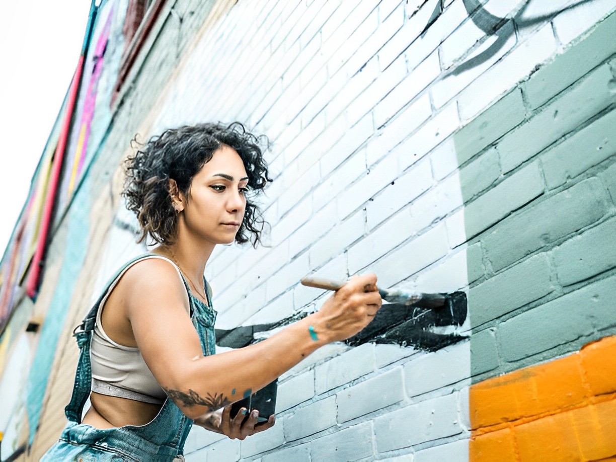 Artista pintando un mural en una pared de ladrillos con pincel en mano